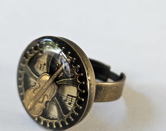 Steampunk Violin Ring – Handmade Resin Music Jewelry – Antique Brass Adjustable Statement Ring