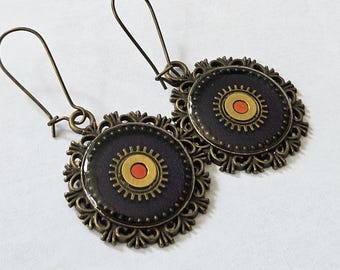 Steampunk Filigree Earrings, Brass Gear Resin Jewelry, Gothic Dangle Victorian Style