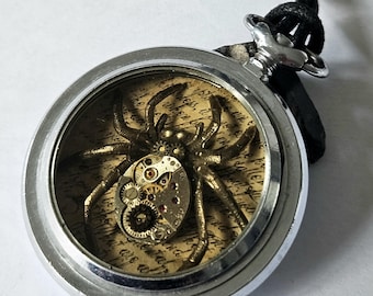 Steampunk Spider Pocket Watch Pendant, Gothic Watch Movement Statement Necklace
