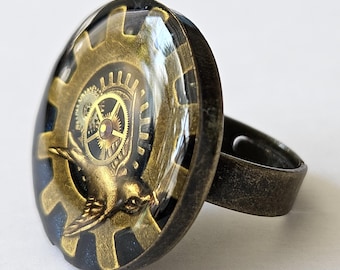 Steampunk Bird Ring – Resin Statement Ring, Antique Brass Gears Jewelry
