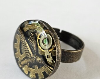 Steampunk Hummingbird Ring – Handmade Resin Gear Jewelry – Antique Brass Adjustable Statement Ring