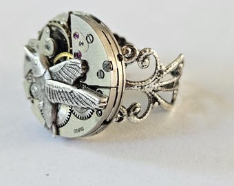 Steampunk Hummingbird Ring – Handmade Watch Gear Jewelry – Vintage Industrial Adjustable Statement Ring
