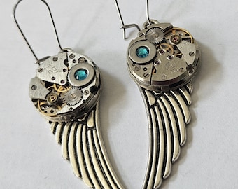 Steampunk Wing Earrings, Vintage Watch Movement, Swarovski Crystal, Gothic Industrial Jewelry