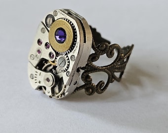 Steampunk Swarovski Ring – Handmade Watch Gear Jewelry – Vintage Industrial Adjustable Statement Ring