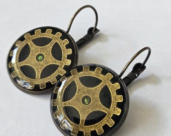 Steampunk Gear Resin Earrings, Brass Industrial Dangle Jewelry