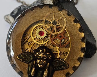 Steampunk Cherub Pendant Necklace, Victorian Angel Resin Jewelry, Watch Gear Necklace