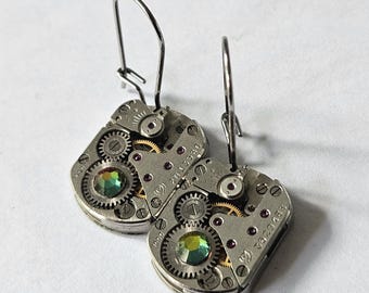 Steampunk Watch Movement Earrings, Swarovski Crystal, Mechanical Gear Jewelry