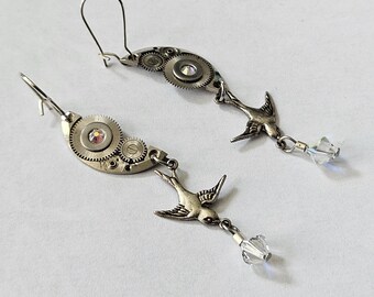 Steampunk Bird Earrings with Watch Gears and Swarovski Crystals, Gothic Victorian Style