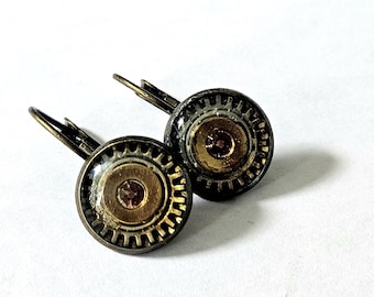 Mini Steampunk Gear Earrings – Black & Gold Resin with Crystal Center