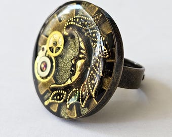 Steampunk Moon Ring – Celestial Statement Jewelry with Resin Gears – Antique Brass Adjustable Band