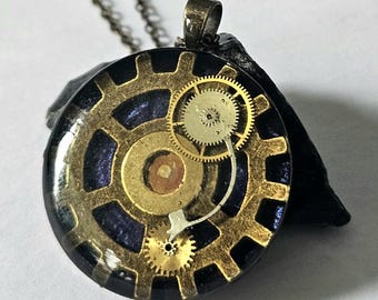 Steampunk Gear Pendant Necklace – Purple Resin Watch Parts