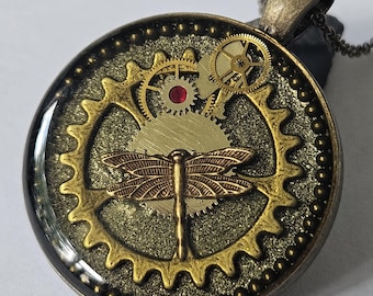 Steampunk Dragonfly Resin Pendant, Mechanical Watch Gears, Victorian Gothic Jewelry