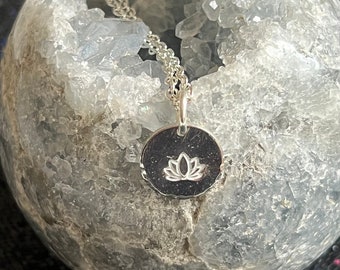 Hand Stamped White Lotus Necklace: Aluminum Pendant, 18” Chain
