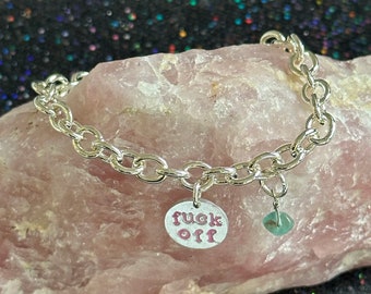 Hand Stamped "Fuck Off" Charm Bracelet: Silver Plated Crystal Jewelry