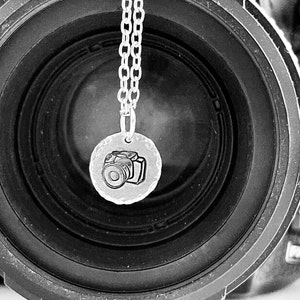Camera necklace, photography lover, photographer gift, hand stamped camera, hand stamped camera necklace, photography necklace