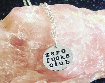 Aluminum Zero Fucks Club Necklace, Hand Stamped Jewelry