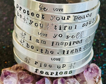Uplifting Aluminum Cuff Bracelet: Protect Your Peace, I am Powerful