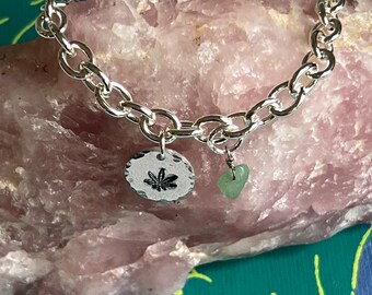 Hemp Leaf Charm Bracelet: Hand Stamped Aluminum, Crystal Accent