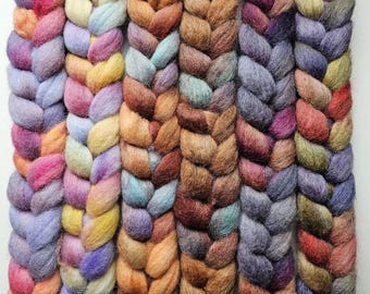 Hand dyed wool roving from various breeds. Shetland, Merino, Jacob, Lonk, Masham.