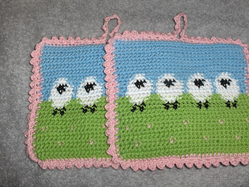 crocheted potholder trivits and pot holder farm decor sheep decor kitchen decor handmade gift seep spring potholder sheep pot holder