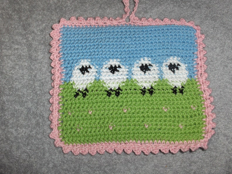 crocheted potholder trivits and pot holder farm decor sheep decor kitchen decor handmade gift seep spring potholder sheep pot holder