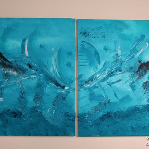 May include: Abstract painting on canvas with a turquoise background and black and white brushstrokes. The painting is divided into two sections.