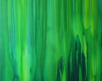 May include: Abstract painting with vertical stripes of green, teal, and yellow. The colors blend together to create a flowing, organic effect.