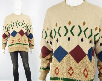 Vintage ICEBERG Sweater Mens Wool Jumper Beige Sweater Cream Sweater Geometric Pattern Soft Sweater Oversized Sweater Women Designer Jumper