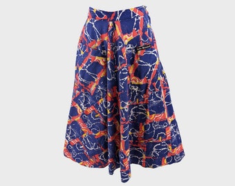 Vintage 70s 80s A Line Skirt Dark Blue Cotton Skirt Red Abstract Print Flared Skirt 1980s Midi Skirt with Pockets Bright Spring Skirt