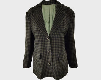 Vintage 80s Blazer Women, 1980s Blazer, Gingham Check Blazer, 80s Jacket, Black & Green, Lightweight Tweed Blazer, Dark Academia Clothing