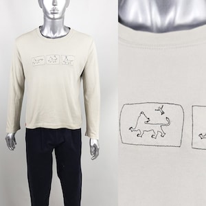 Maglietta vintage da uomo JOE CASELY-HAYFORD con maniche lunghe ricamate, stile minimalista, color crema / Taglia L