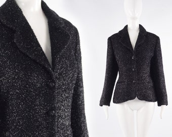 80s BYBLOS Jacket Black Sparkly Fuzzy Wool Blend Party Jacket