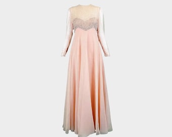 Vintage 60s Beaded Dress Peach Chiffon VICTORIA ROYAL Evening Gown Sheer S