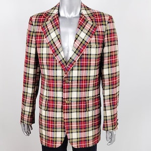 Vintage 60s 70s Mens Red White & Green Plaid Checked Check Tartan Blazer, 1970s Wide Lapel Preppy Ivy League Style Sport Coat Richman Bros