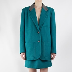 Vintage Pierre Balmain Wool Skirt Suit: 80s Teal Blazer, Leather Collar