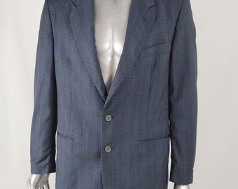 Blazer italiano de lana estilo vintage de los años 80: cuadros azules, talla M para hombre.