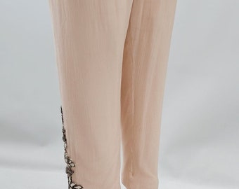 Pantalones vintage de gasa de seda color melocotón, bordados con cuentas, estilo pastel de los 90.
