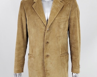 Vintage 90s Italian Corduroy Blazer | Mens Gold Sport Coat, Large
