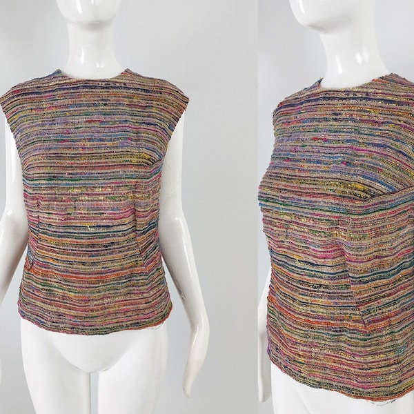 Vintage 80s Rainbow Tweed Top, 60s Style Mod Top, Shell Top, Gold Lurex Top, Metallic Lamé Tweed, Nubby Tweed Top, Glam 1960s Style Shirt