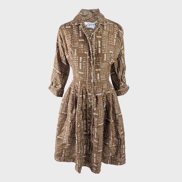 Vintage 1950s Dress Brown Silk Dress 50s Shirtdress Day to Evening Bracelet Sleeve Abstract Print 50s Dress Pat Hartley Shirtwaist Dress