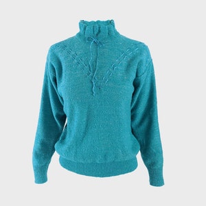 Vintage 70s Lurex sweater, turquoise sweater, frilly collar jumper, ribbon lace top, metallic sweater, 1970s jumper, Italian knitwear | M L