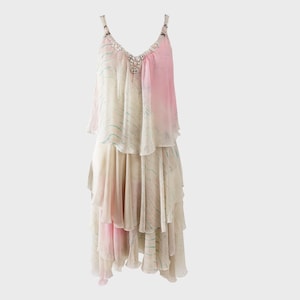 Vintage ICEBERG Dress, silk chiffon dress, designer y2k dress, floaty dress, cream & pink, fairycore clothing, 20s style beaded party dress