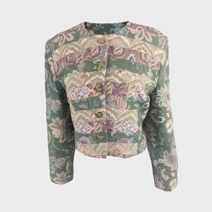 Vintage Tapestry Jacket Green Floral Jacquard Jenny Edwards Moss Crop Patchwork Jacket | Medium M