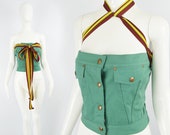 Vintage JEAN PAUL GAULTIER Top, Green Denim Bustier, Womens Party Top, Designer Vintage, Strapless Bodice, Made in Italy, Womens Medium M
