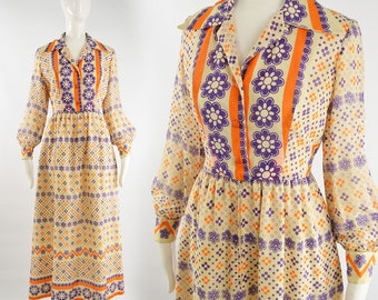 70s SAKS FIFTH AVENUE Cream & Orange Floral Print Cotton Maxi Dress