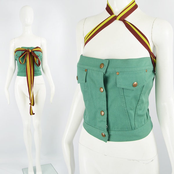 Vintage JEAN PAUL GAULTIER Top, Green Denim Bustier, Womens Party Top, Designer Vintage, Strapless Bodice, Made in Italy, Womens Medium M