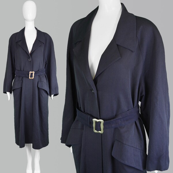 Vintage KARL LAGERFELD Navy Wool Coat Long Raglan Sleeve Coat Fit and Flare 1940s Style Coat Blouson Coat 1980s Belted Coat Designer Coat