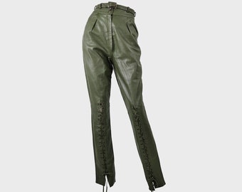 Vintage 80s CHRISTIAN DIOR Pants, Green Leather Pants, Lace Up Leather Trousers, High Waist Pants, Riding Pants, Dior Vintage Trousers, XS