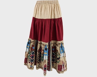 Vintage Tiered Skirt Cottagecore Skirt Red & Beige Cuckoo Print Novelty Print Skirt