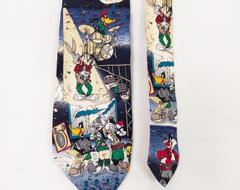 Vintage jaren 90 Looney Tunes zijden stropdas rockband cartoon kostuumstropdas